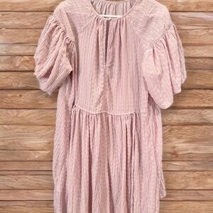 Pink Puff Sleeve Crew Neck Casual Sundress